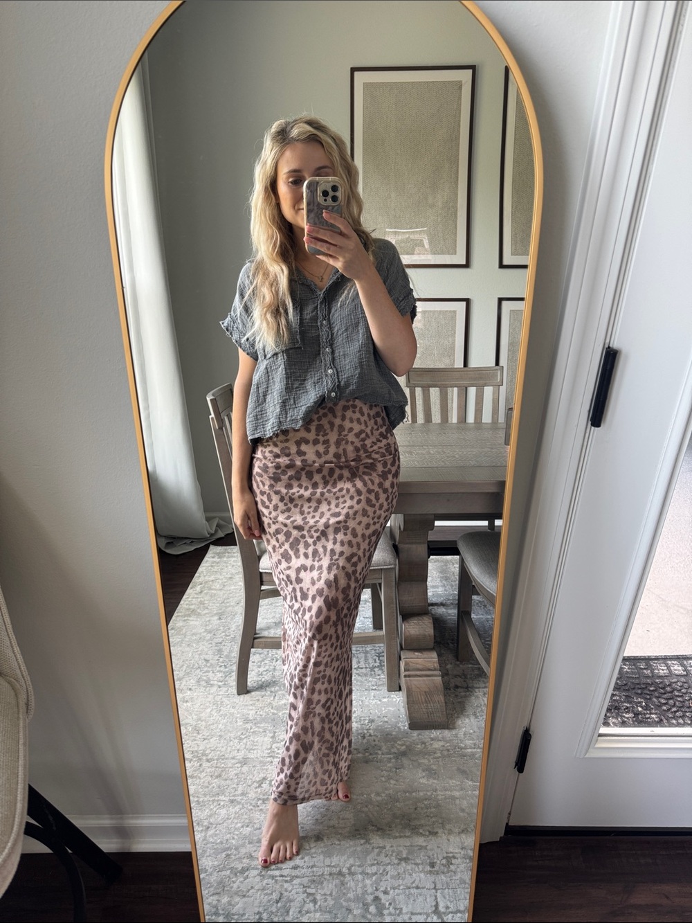 Stretchy Leopard Print Slit Maxi Skirt - Taupe Cream Base soft grey spots